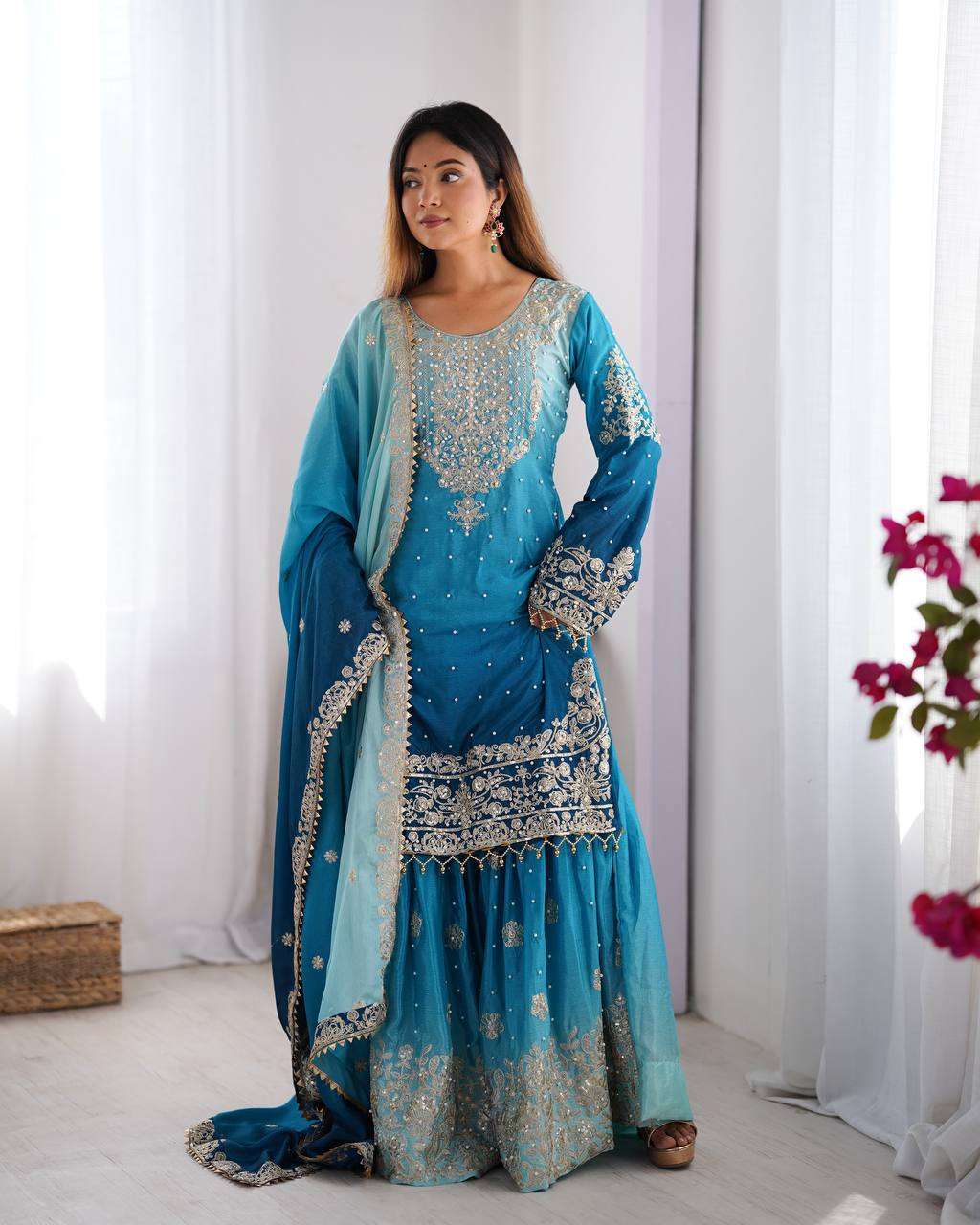 Women's Chinon Silk Sequence With Rivet Moti Work Straight Kurta With Sharara and Dupatta Set - Image 2