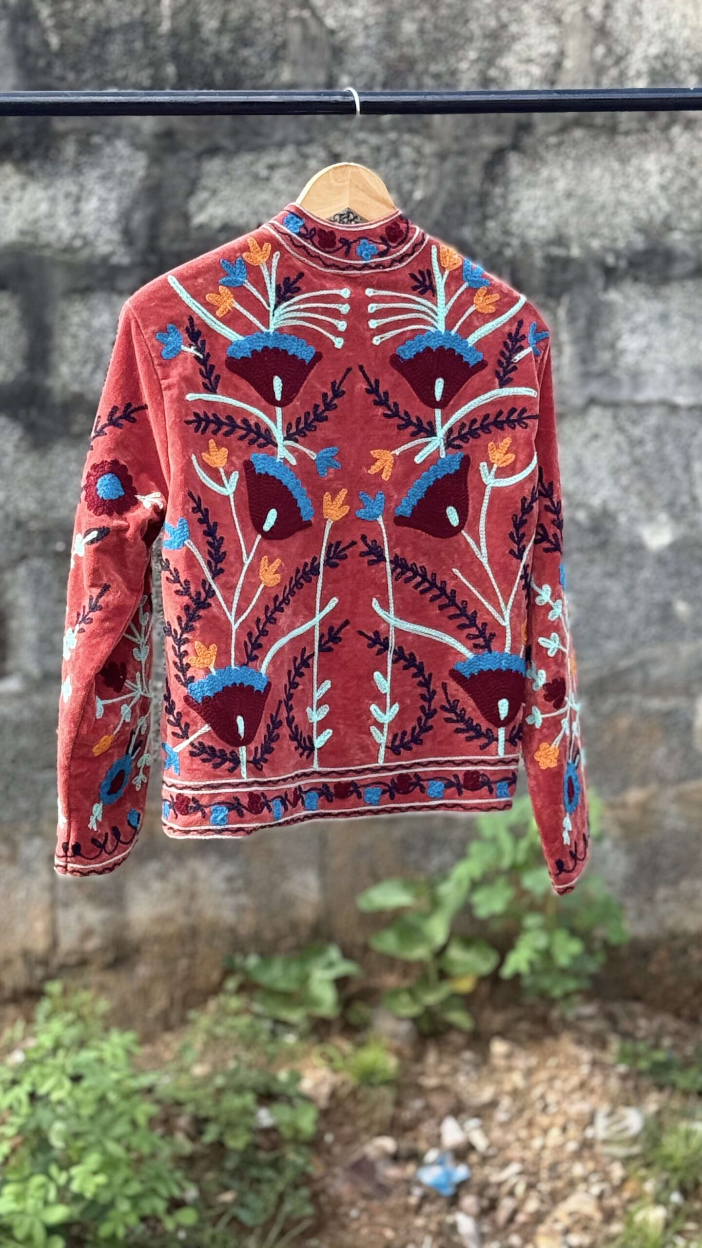 Womens Terracotta Velvet Embroidered Jacket with Floral Design - Image 2