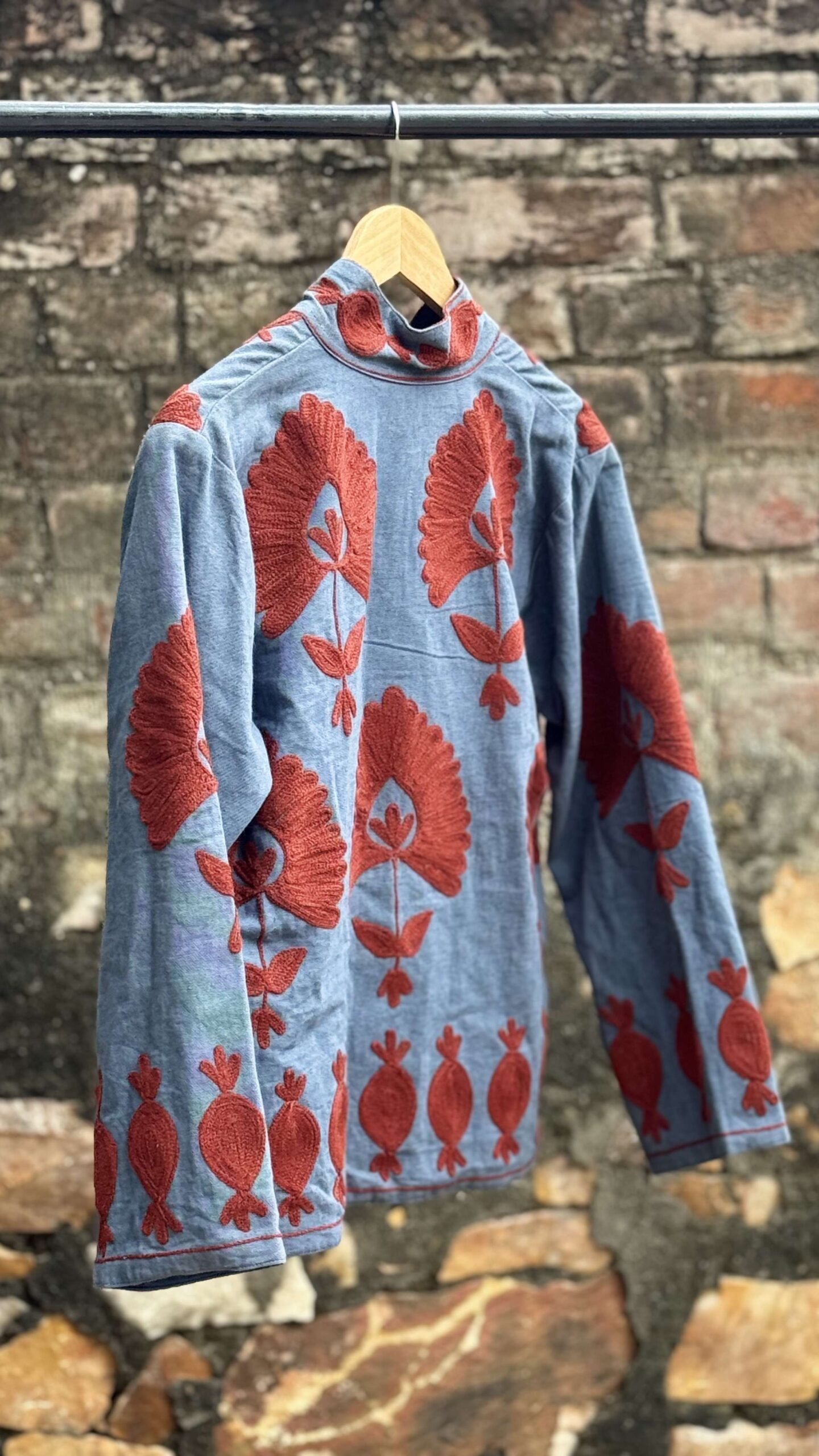 Womens Light Blue Velvet Embroidered Jacket with Floral Design