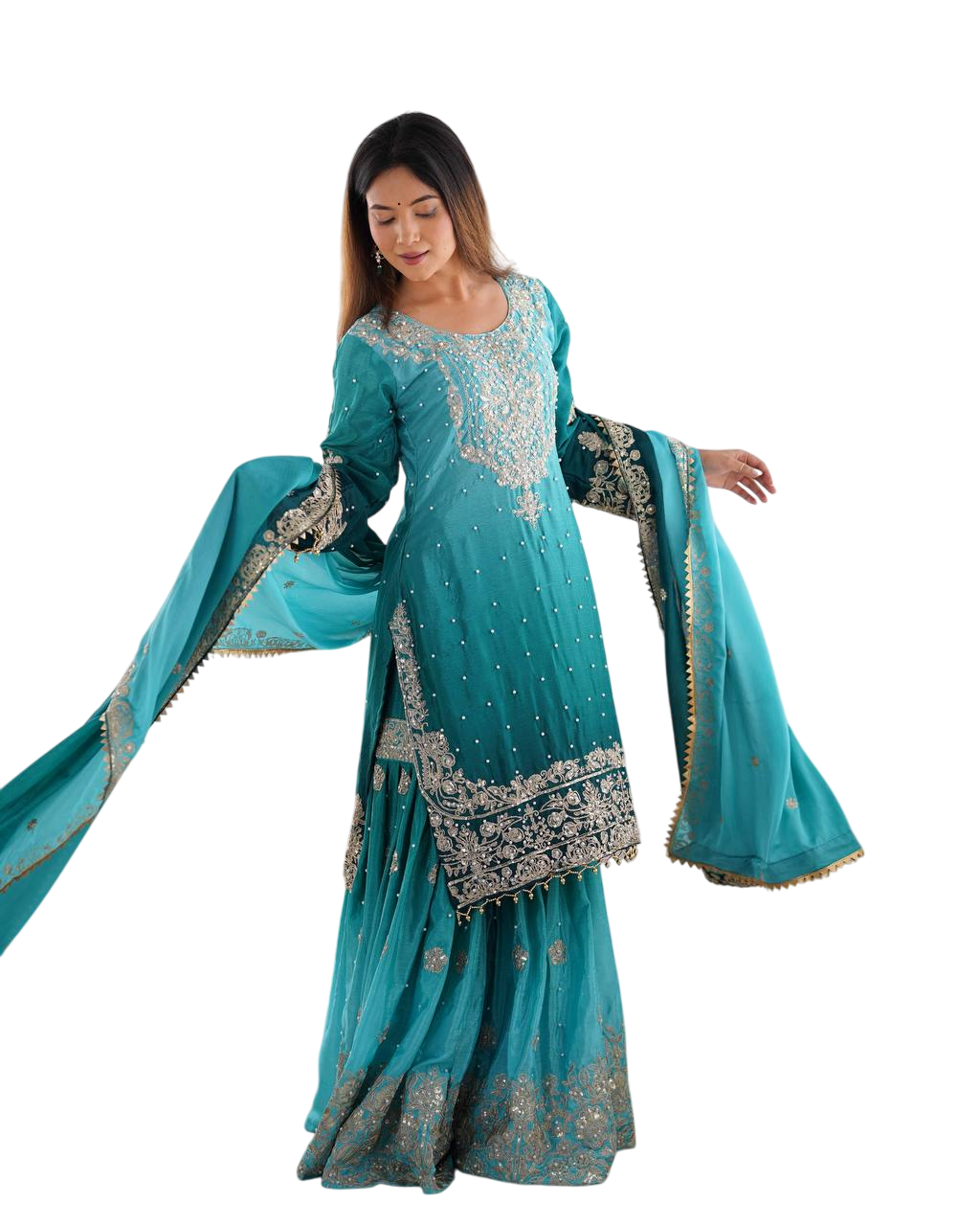 Women's Chinon Silk Sequence With Rivet Moti Work Straight Kurta With Sharara and Dupatta Set - Image 33