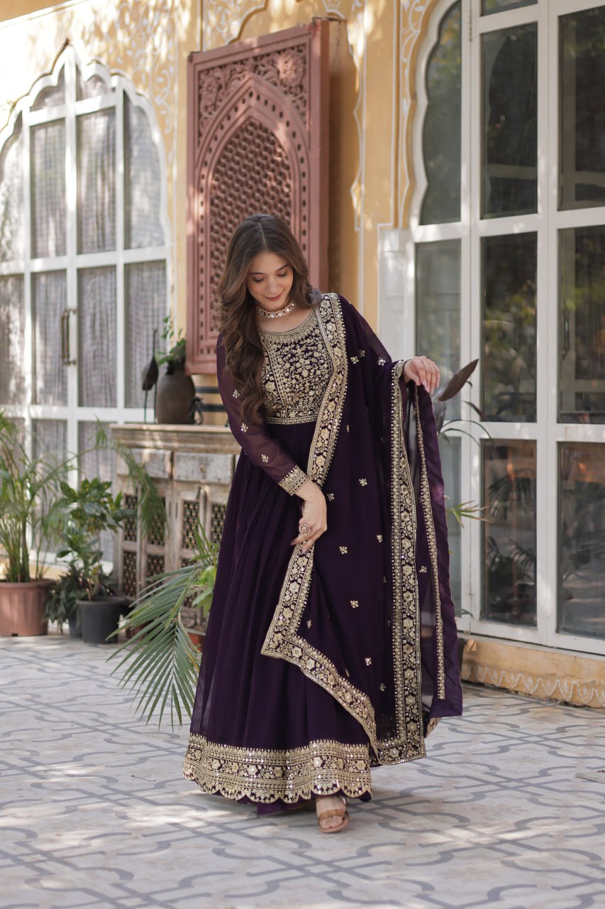 Women's Luxurious Plum Velvet Anarkali Gown with Heavy Gold Zari & Sequin Embroidery β Perfect for Weddings & Grand Festivities - Image 7
