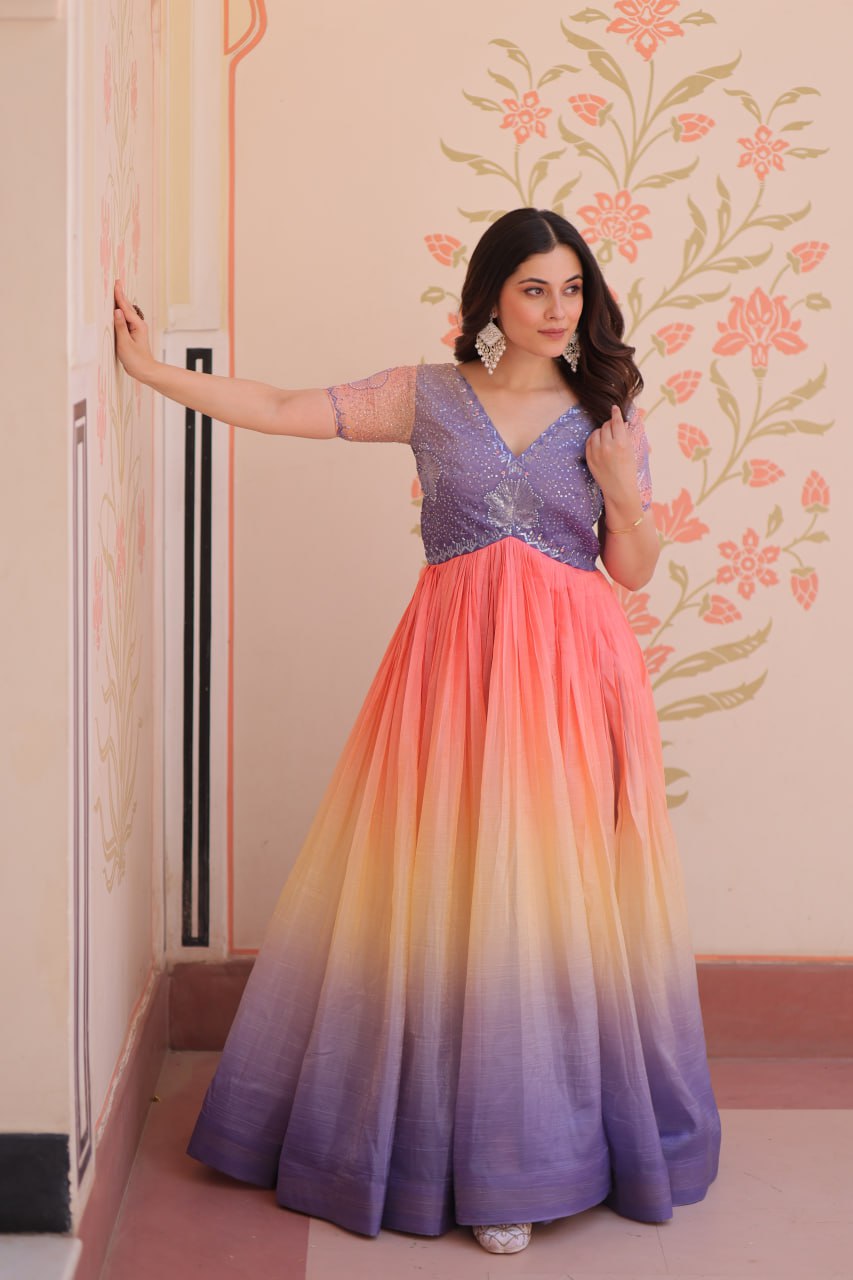 Women's Dual-Tone Ombre Gown in Candy Pink & Aqua Green with Embroidered Bodice β Festive & Contemporary Wear - Image 9
