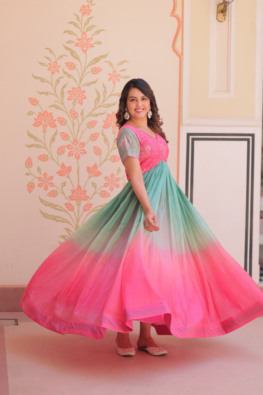 Women's Dual-Tone Ombre Gown in Candy Pink & Aqua Green with Embroidered Bodice β Festive & Contemporary Wear