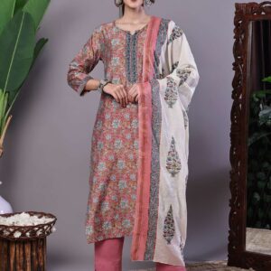 Women's Pink Floral Chanderi Printed Kurta Set with Dupatta Suit Sets